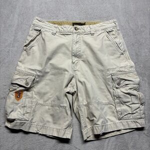 VTG American Eagle Outfitters Mens 34 Heavy Cargo Shorts Patch Khaki Distressed